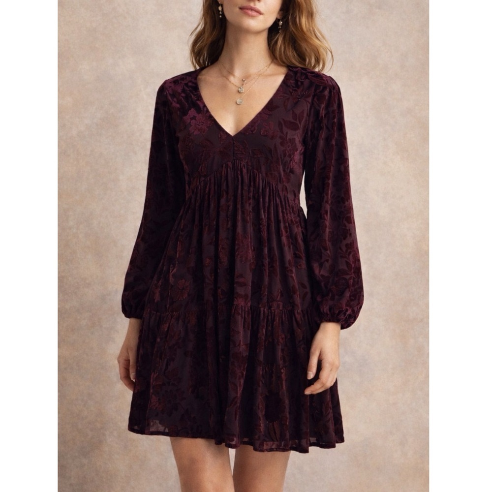 Taylor Plum Burnout Velvet V-Neck Dress Long Sleeve Floral‎ 8 Whimsigoth Witchy